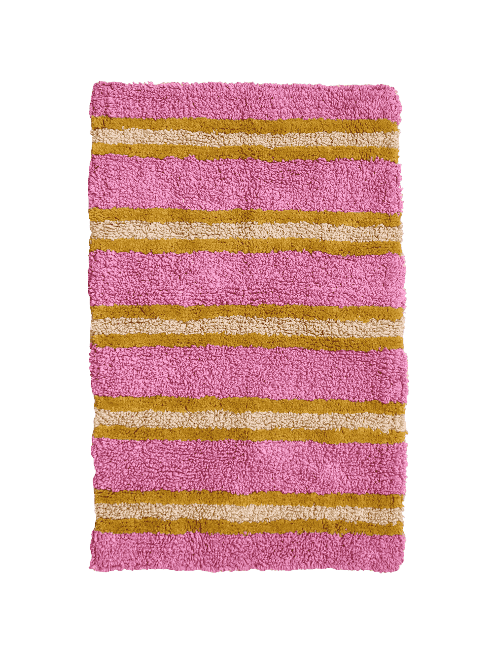 A pink and mustard yellow stripe bath mat by Mosey Me.