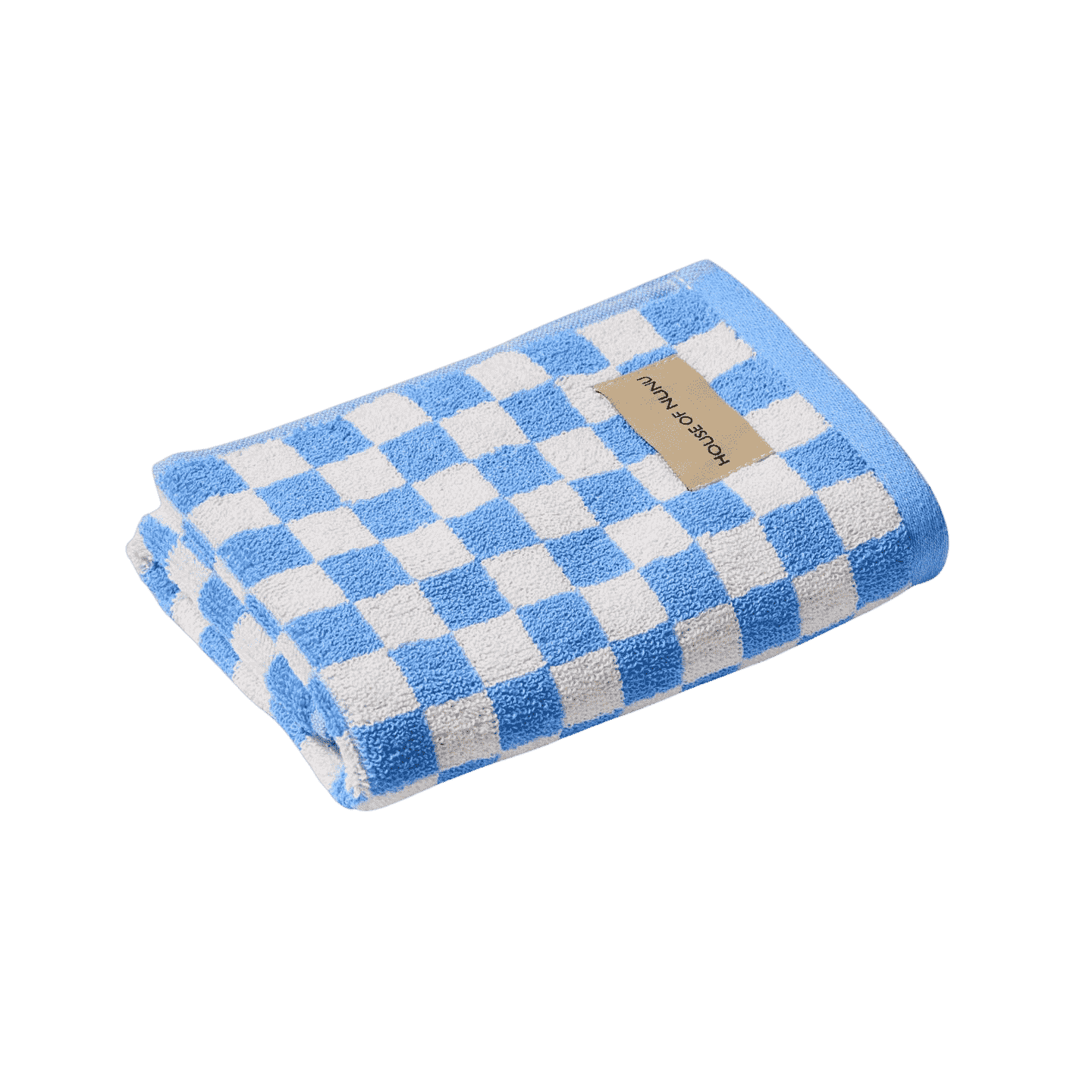 House of Nunu Blue Check Hand Towel: Folded into a perfect rectangle, this blue check hand towel features a white background with pastel blue checks.