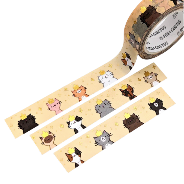 Cute cat washi tape: This tape features cats of all different colours, shapes & sizes wearing tiny gold crowns on gold foiled tape.