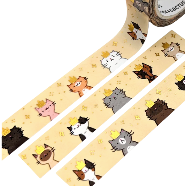 Cute cat washi tape: This tape features cats of all different colours, shapes & sizes wearing tiny gold crowns on gold foiled tape.