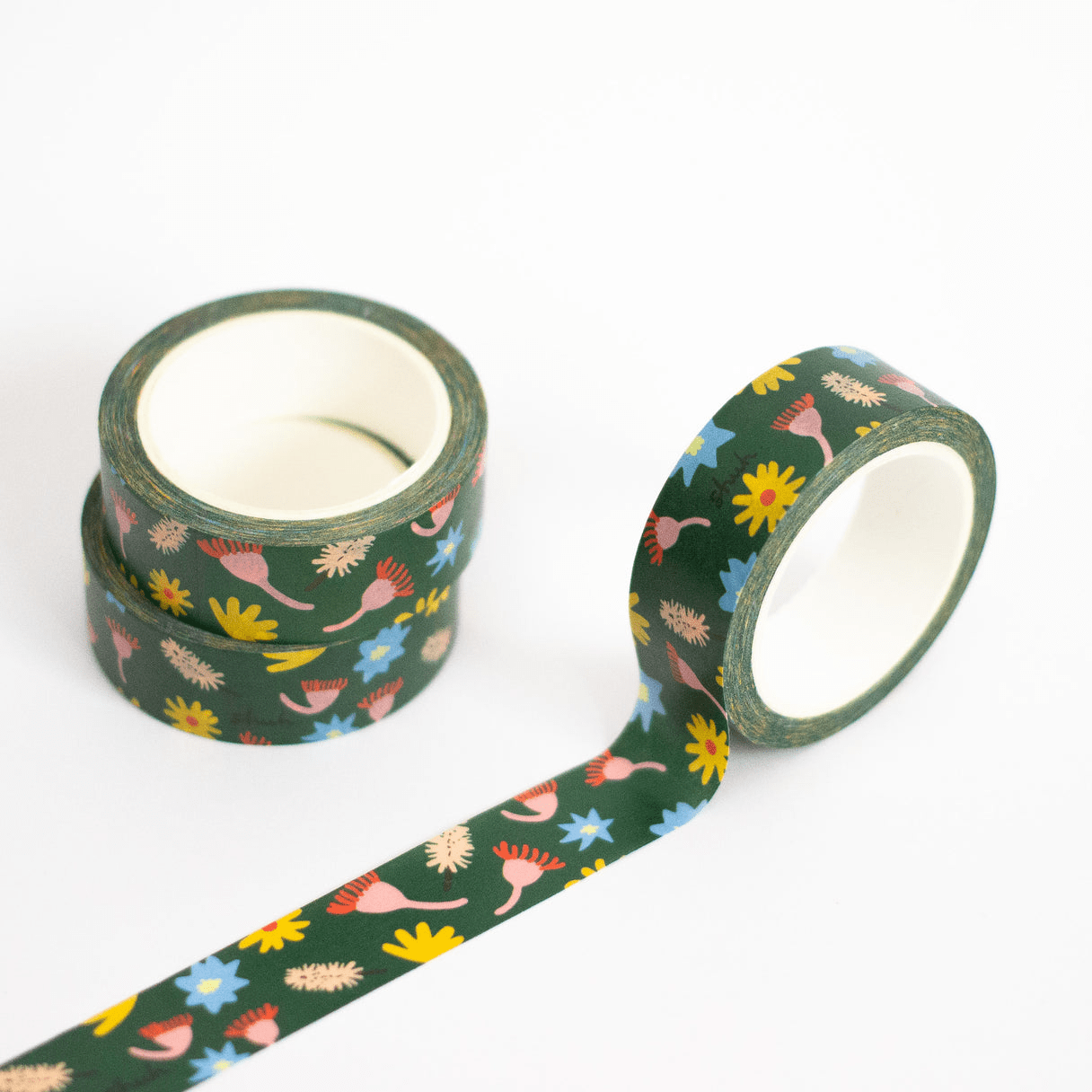 Washi Tape by Shuh Lee: A forest greenm background with colourful elements inspired by nature.