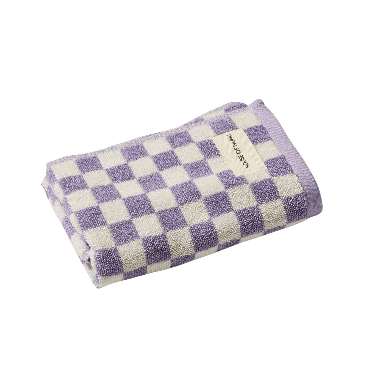 A lilac check hand towel by House of Nunu folded into a perfect rectangle.
