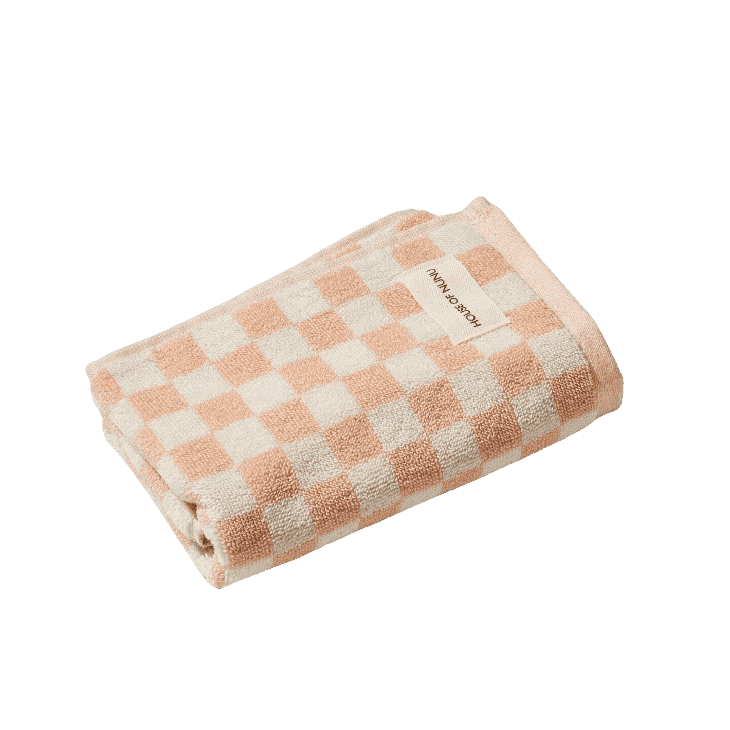 A house of Nunu hand towel with pink and white checks.