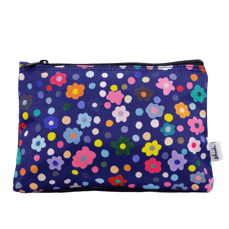 Shuh Lee colourful pencil case featuring flowers on a blue background