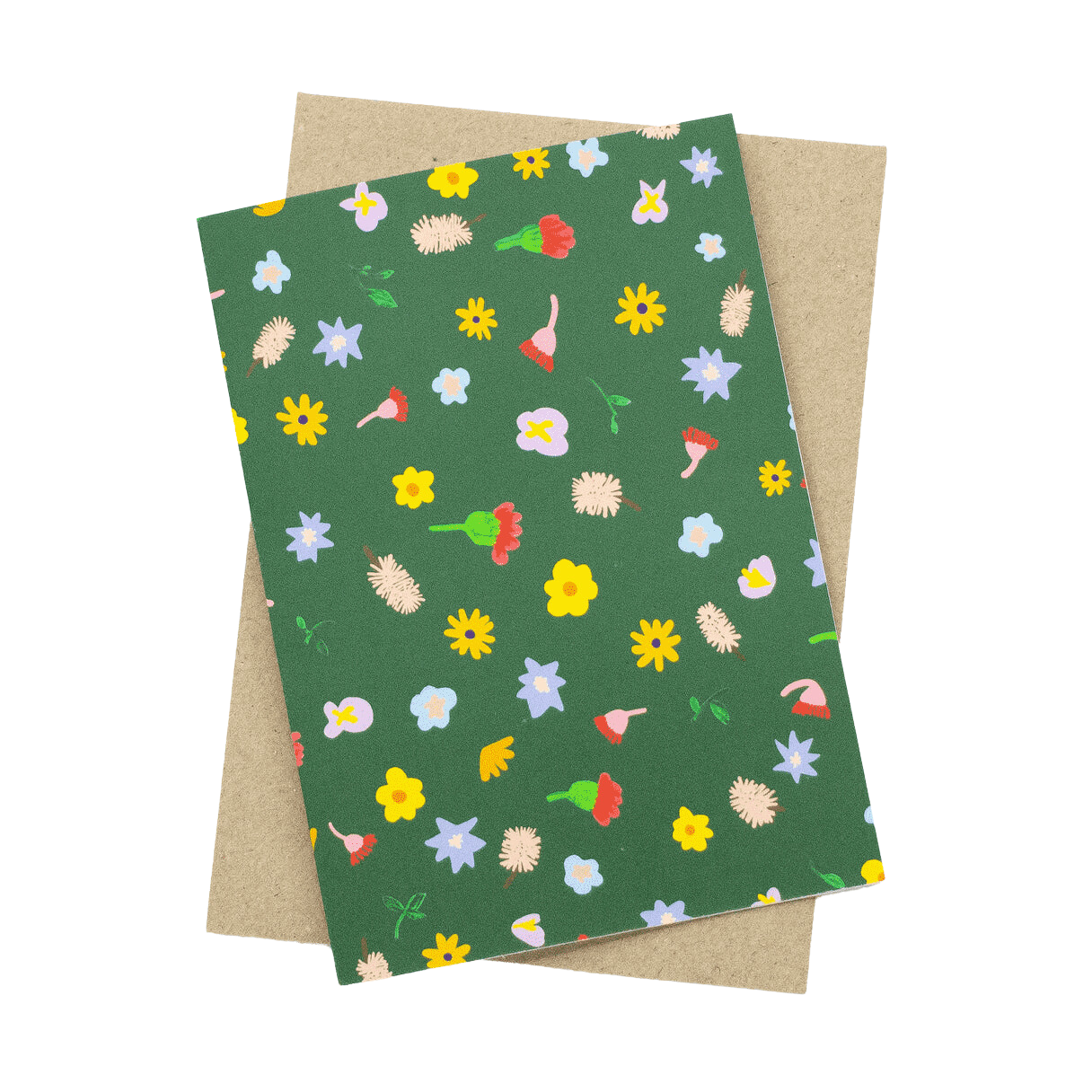 Shuh Lee Meadow Card: A forest green background with tiny objects from nature scattered across including bottlebrushes, yellow daisies, soft pink native flowers and small leaves.
