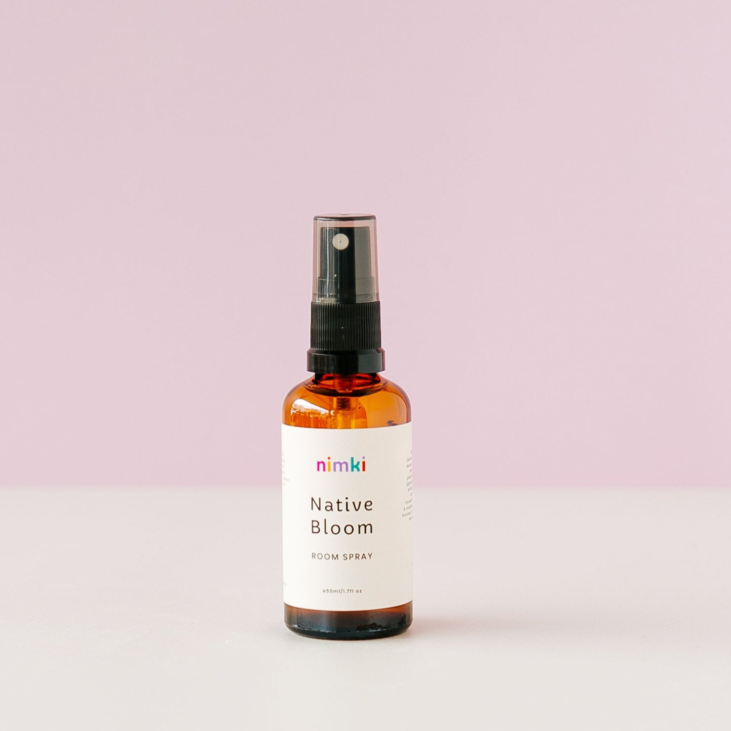 Nimki Native Bloom Australian Botanicals Room Spray: A super cute brown bottle with "Native Bloom" across the centre and Nimki's colourful logo at the top adding a pop of colour.