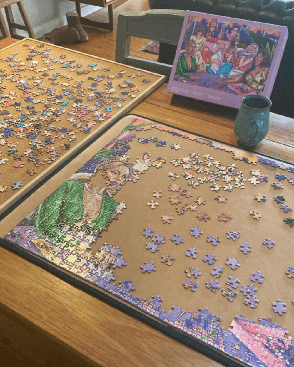 The same puzzle half completed on a table in someone's home. 