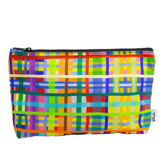 A super bright & colourful useful bag by artist shuh lee. It's a cross hatch design with every colour of the rainbow with neon hues. 