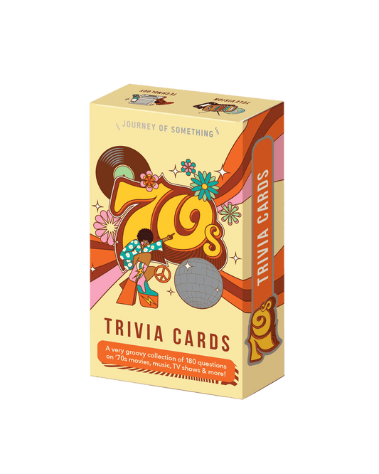 70's trivia cards by Journey of Something: A super cute deck of cards adorned with 70's references like disco balls, gogo boots, daisies and vinyl records around the number 70's. 