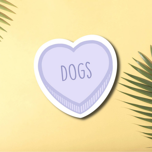 A cute lilac heart sticker with "DOGS" written in the centre. 