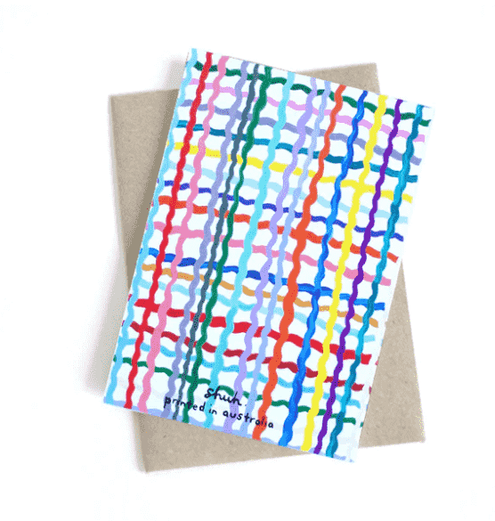 Shuh Lee Wave Card: A white background with a cross hatch pattern running vertically & horizontally with squiggly, lines in every colour. 