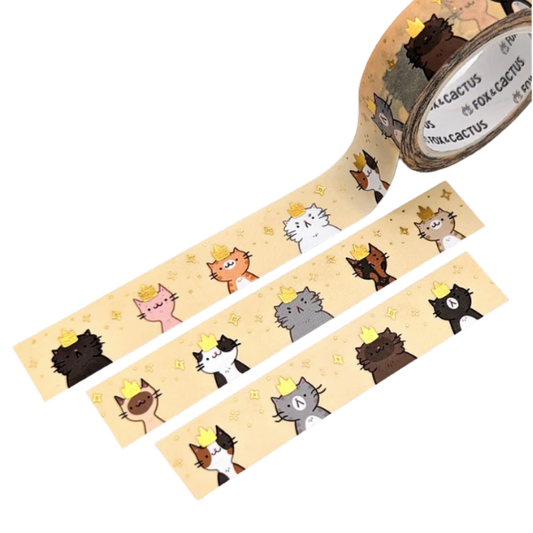 Cute cat washi tape: This tape features cats of all different colours, shapes & sizes wearing tiny gold crowns on gold foiled tape. 