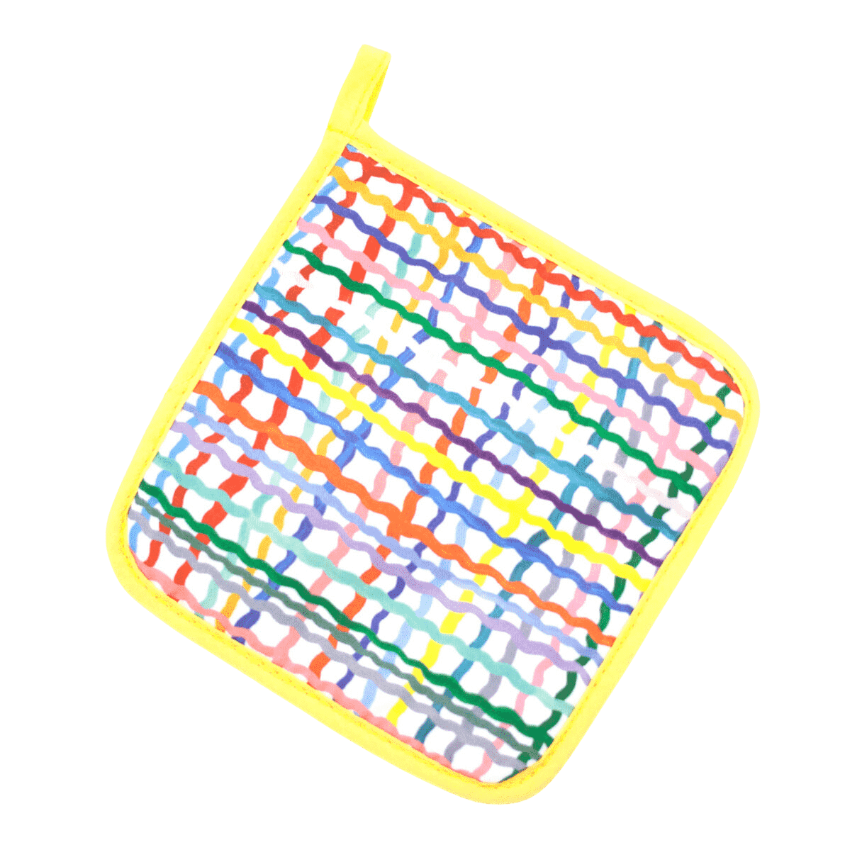 Shuh Lee Wave Pot Holder: This super cute pot holder has a yellow trim with a patchwork pattern featuring colourful, wiggle lines. 