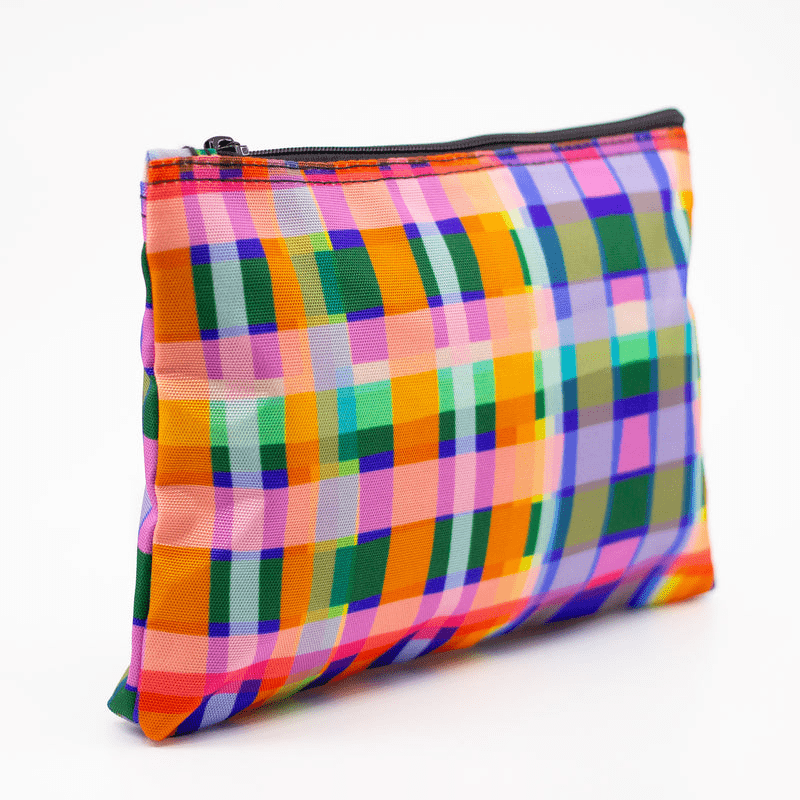 Shuh Lee Useful Bag: A colourful pencil case with a tartan print in colours pink, green, yellow, blue and orange. 