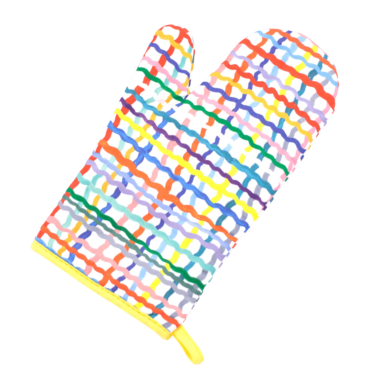 Shuh Lee Oven Mitt: Wave print - a cross hatch design with multicoloured wiggle lines across the front & back