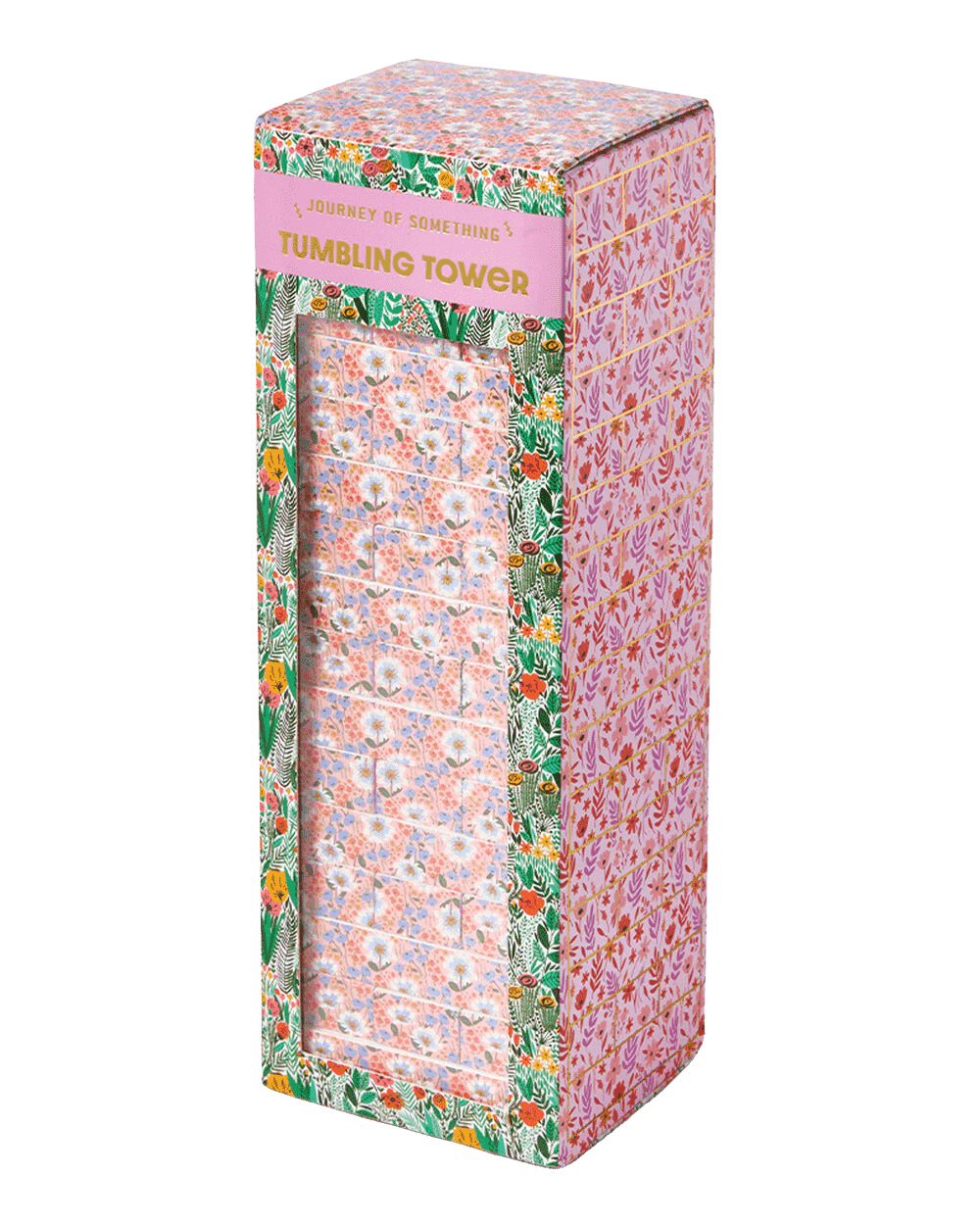A gorgeous floral tumbling tower (AKA Janga) by Journey of Something. It features pink, red and orange delicate flowers and leaves. 