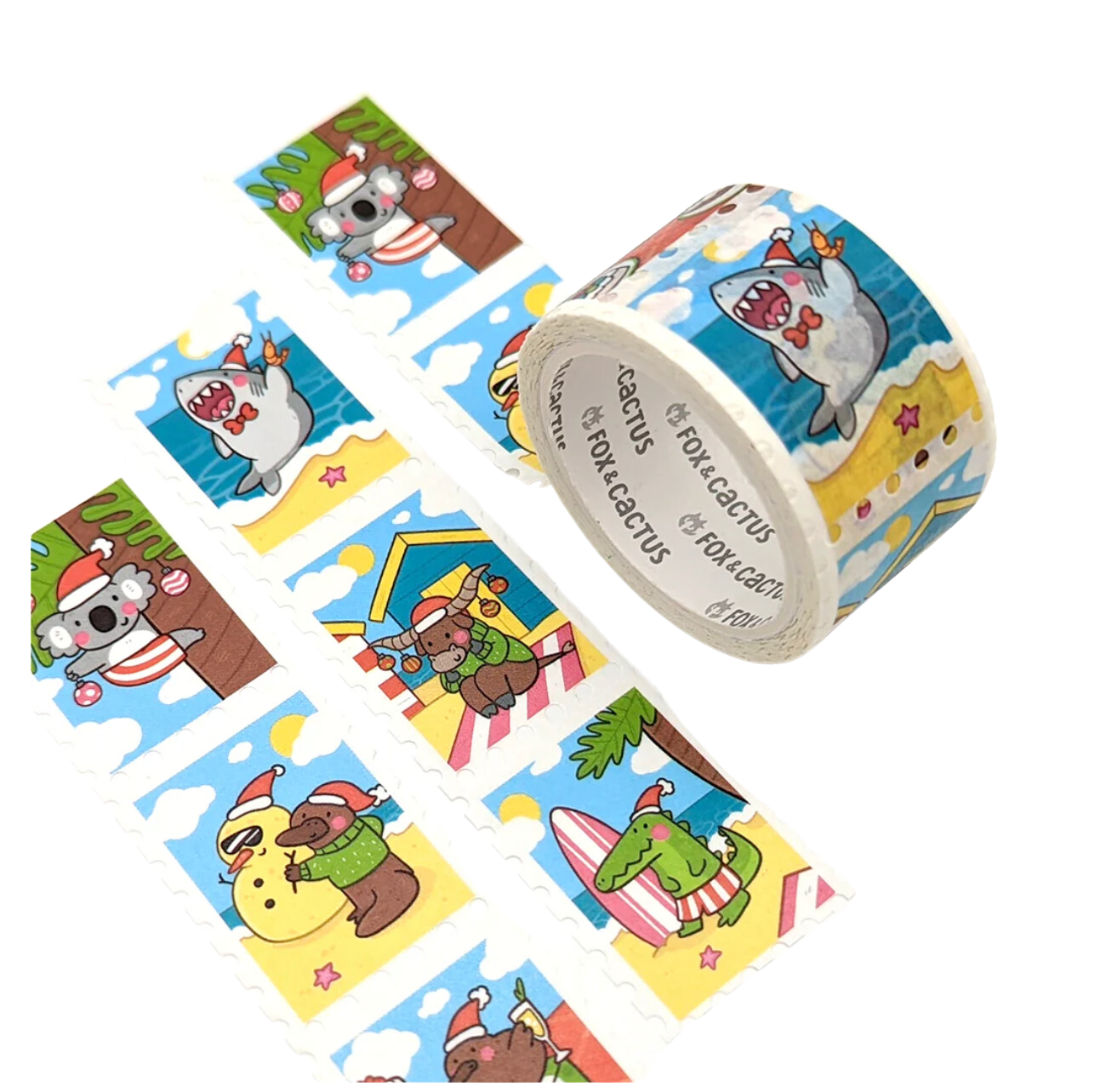 Decorative Christmas washi tape by Fox & Cactus: Cute Aussie animals dressed in xmas attire, on the beach, up trees and in the water in cut out stamp shapes. 