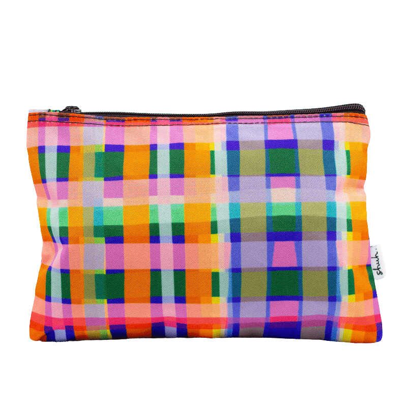 Shuh Lee Useful Bag: A colourful pencil case with a tartan print in colours pink, green, yellow, blue and orange. 