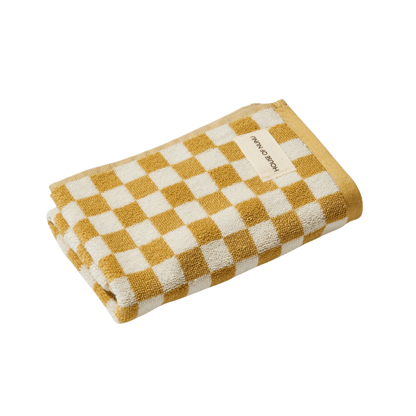 A mustard yellow and white check hand towel by house of Nunu. 