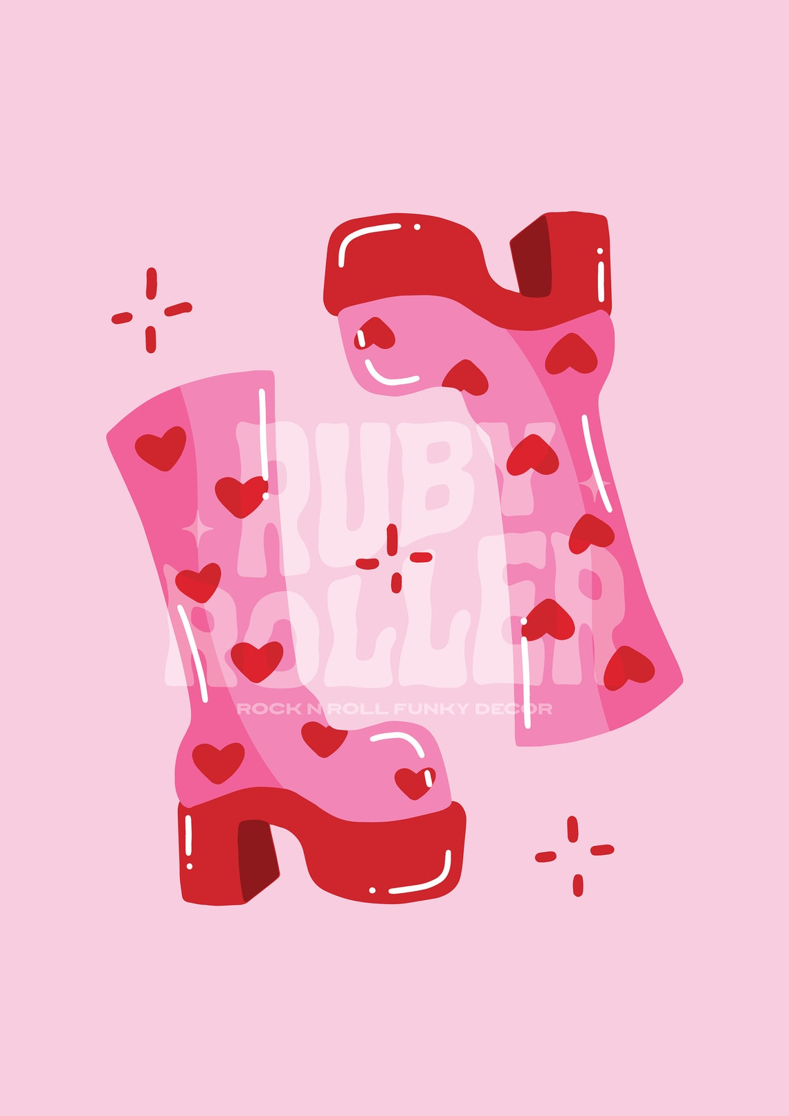 Ruby Roller Disco Heart Gogo Boots Art Print in A4