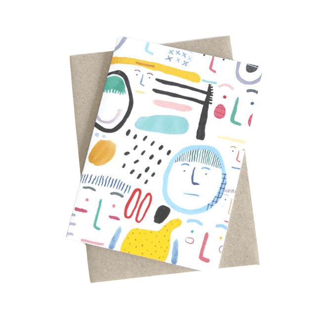 Shuh Lee People Greeting Card: A fun collection of colourful faces on a white background with abstract lines, dots and quirky shapes in between. 