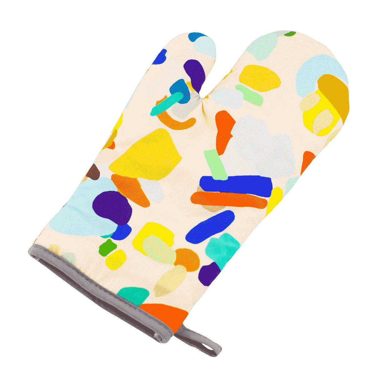 Shuh's Hanging Out Oven Mitt: A cream background with colourful abstract, pastel shapes across the print. 
