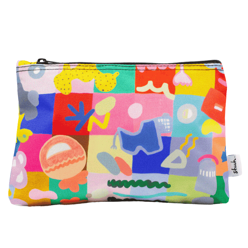 Shuh Lee Colourful Useful Bag: A vibrant pencil case featuring abstract patterns inspired by household objects, set against a playful multicoloured square backdrop. Perfectly cute and functional!