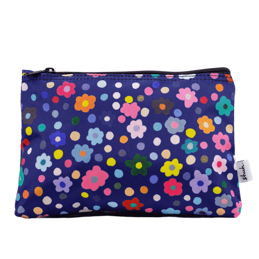 Shuh Lee colourful pencil case featuring flowers on a blue background