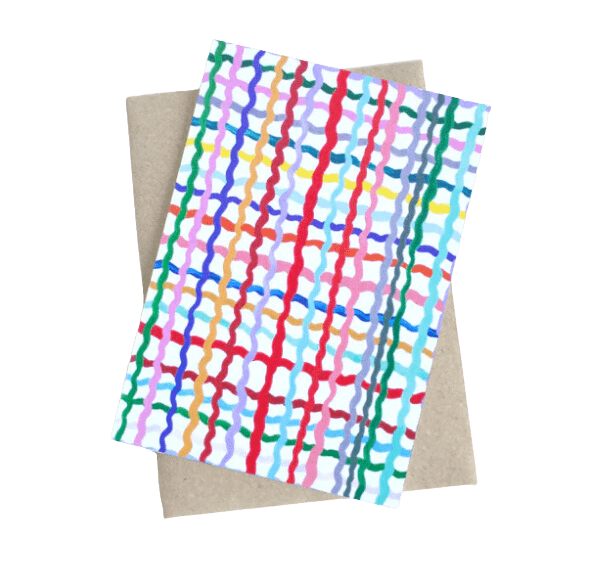 Shuh Lee Wave Card: A white background with a cross hatch pattern running vertically & horizontally with squiggly, lines in every colour. 