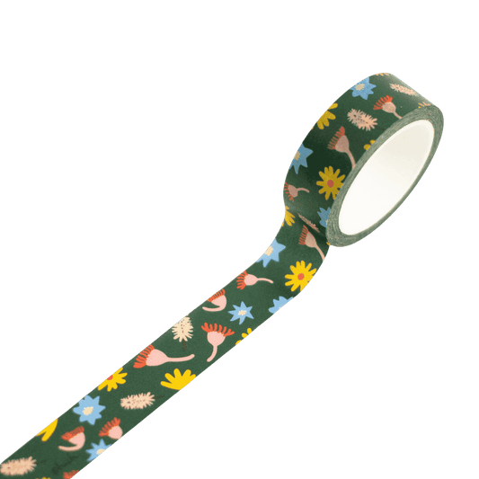 Washi Tape by Shuh Lee: A forest greenm background with colourful elements inspired by nature. 