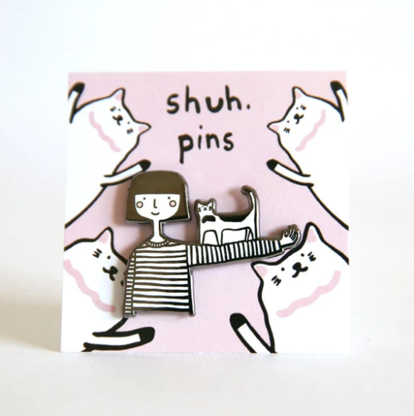 Shuh Lee Cat on Arm Hand Made Anamel Pin