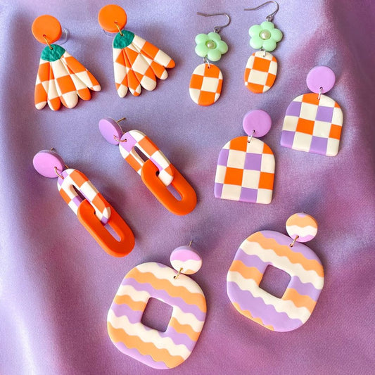 Hot Mess Retro Pattern in Purple, Orange & White Earrings